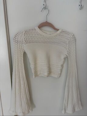 REVOLVE Cream Cropped Knit Top with Bell Sleeves